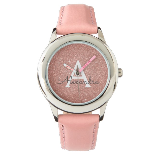 Reloj De Pulsera Purpurina rosa de oro y monograma de espuma (Anverso)