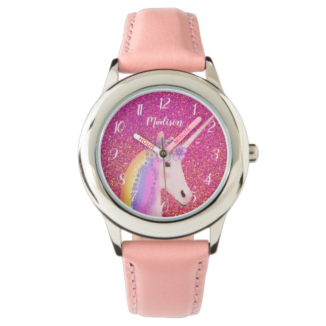 Reloj De Pulsera Purpurina rosa de unicornio personalizada Sparkle  (Anverso)