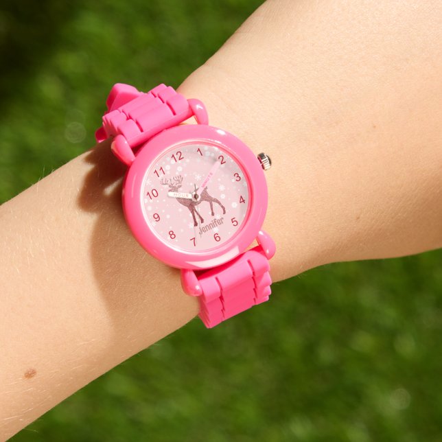 Reloj De Pulsera purpurina rosa elegante reno nevado personalizado (Subido por el creador)