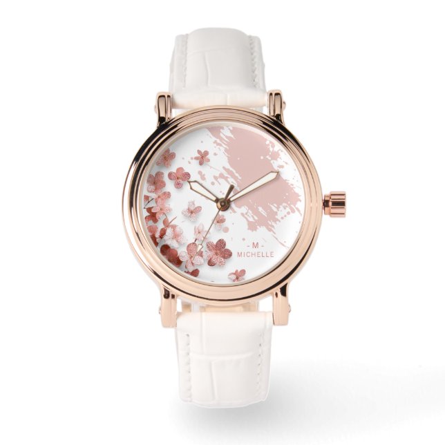 Reloj De Pulsera Purpurina rosa Flores Flores Pincel Floral Monogra (Anverso)