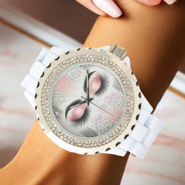 Reloj De Pulsera Purpurina rosado Eyelashes (Slay all day with this glitter lashes watch — perfect for bride or glam squad gifts.)