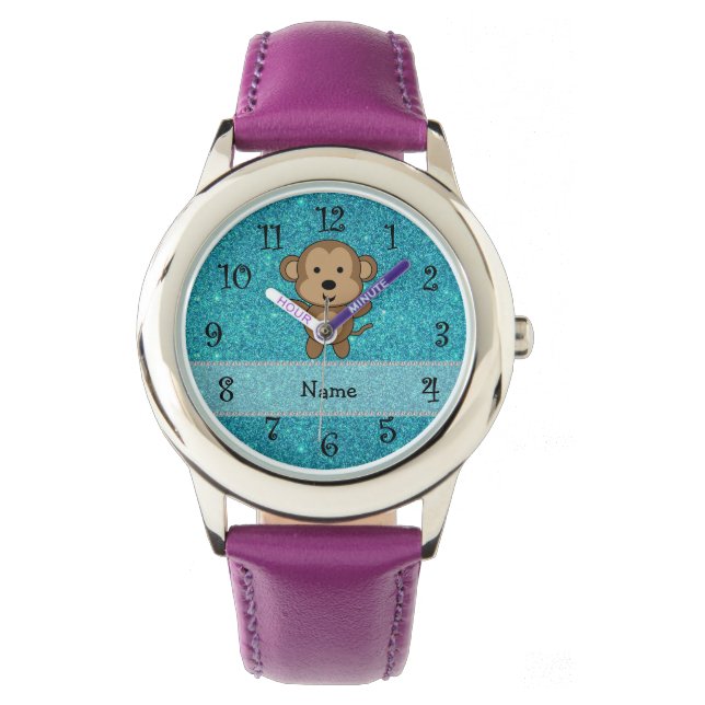 Reloj De Pulsera Purpurina turquesa de mono de nombre personalizado (Anverso)