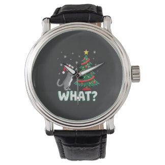 Reloj De Pulsera Qué Gato Divertido Empujando Árbol De Navidad Sobr