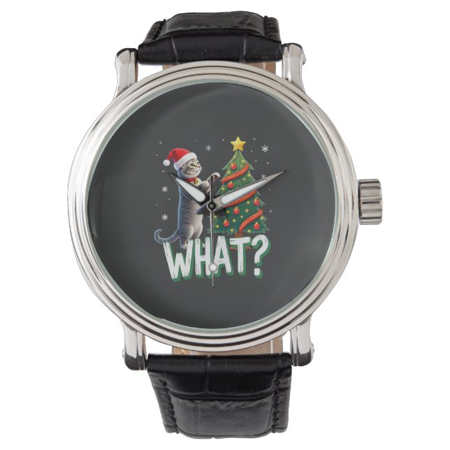 Reloj De Pulsera Qué Gato Divertido Empujando Árbol De Navidad Sobr (Anverso)