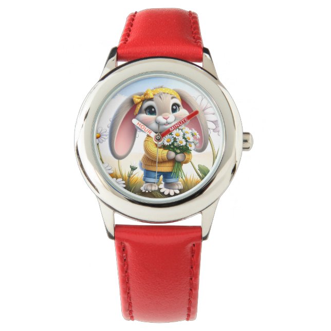 Reloj De Pulsera Rabbit pink ears white daisies (Anverso)