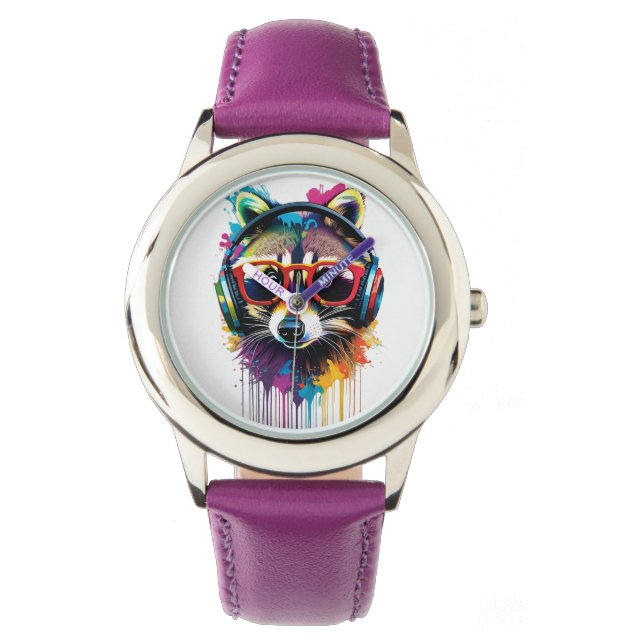 Reloj De Pulsera Raccoon en audífonos y gafas (Anverso)