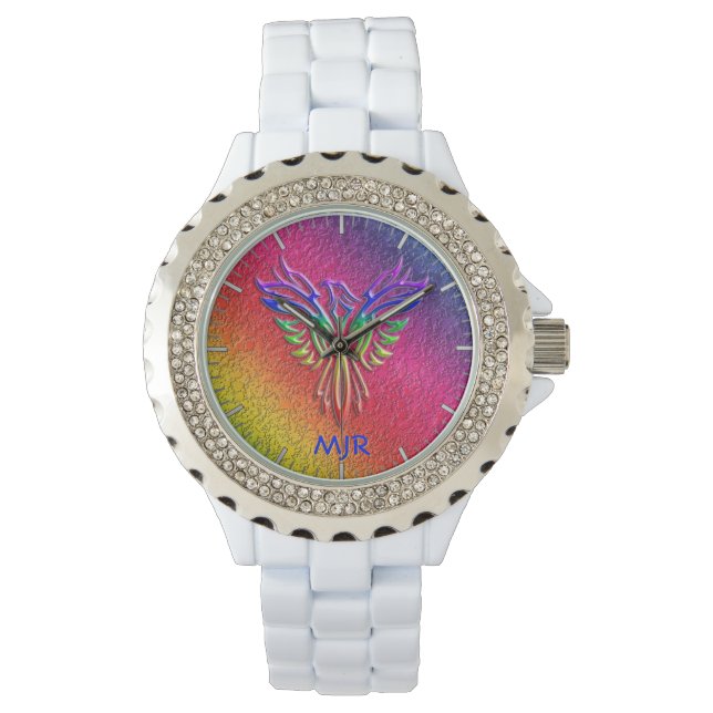 Reloj De Pulsera Rainbow Phoenix Rising LBGTQ+ con sus iniciales (Anverso)