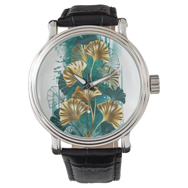 Reloj De Pulsera Rama con hojas doradas Ginko Biloba (Anverso)