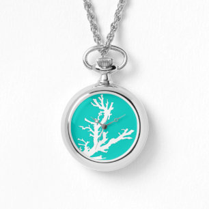 Reloj De Pulsera Rama de coral - blanco sobre turquesa