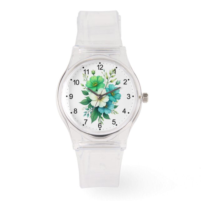 Reloj De Pulsera Ramo de Flores Blancas y Azules-57453 (Anverso)