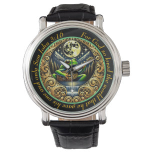 Reloj De Pulsera Rana que rasguea la guitarra John 3:16 brilla bajo