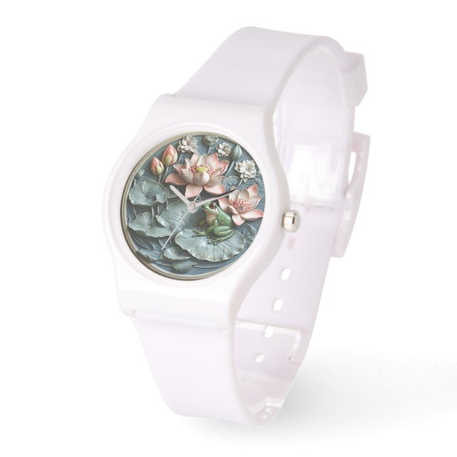 Reloj De Pulsera Rana verde dulce Lily Pads Lilis de agua rosada (Ángulo)