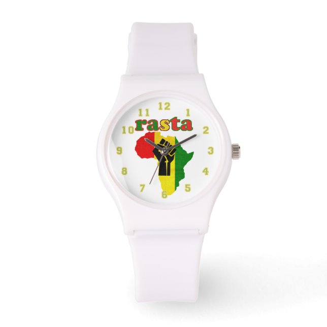 Reloj De Pulsera Rasta,  Black Power Fist over Africa White   (Anverso)