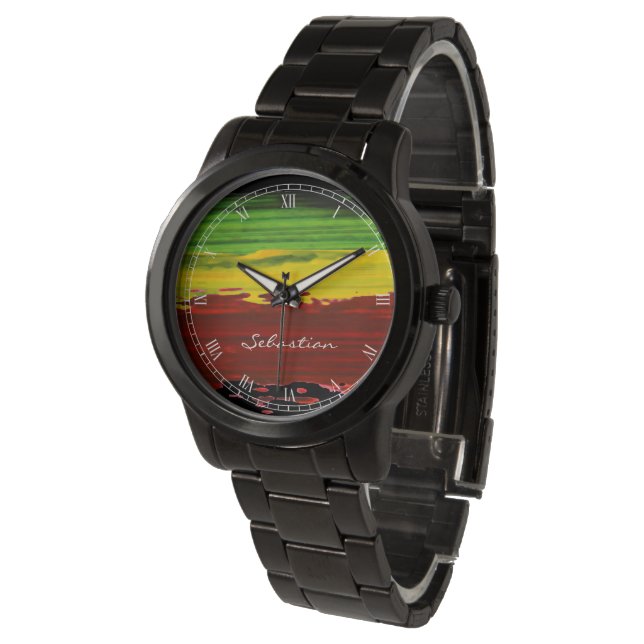 Reloj De Pulsera Rastafarian Paint Stripes Custom Name Watch (Angular)