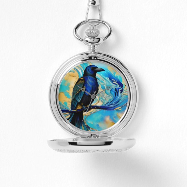 Reloj De Pulsera Raven azul negro, abstracto azul y oro (Anverso)