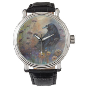 Reloj De Pulsera Raven pintado a mano con flores silvestres