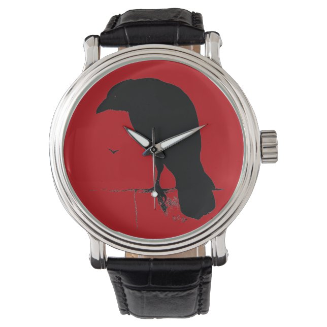 Reloj De Pulsera Raven Silhouette Black Red Ravens Crows (Anverso)