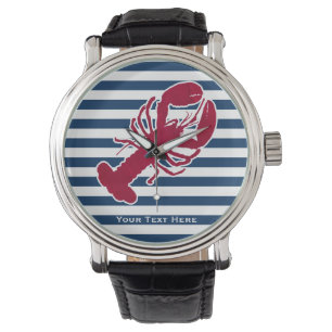 Reloj De Pulsera Raya blanca azul del monograma rojo náutico de la