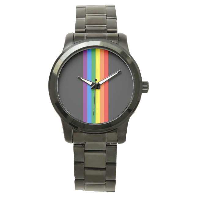 Reloj De Pulsera Rayas arcoiris en apoyo al orgullo gay negro (Anverso)