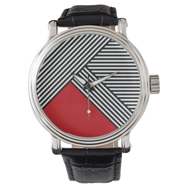 Reloj De Pulsera Rayas blancas y negras con triángulo rojo (Anverso)