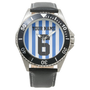 Reloj De Pulsera rayas de fútbol Personalizar, azul y blanco / de 