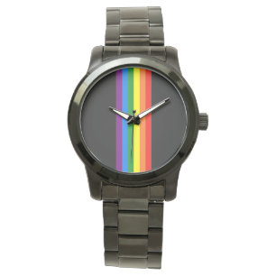 Reloj De Pulsera Rayas del arco iris en ayuda negra del orgullo gay