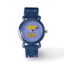 Reloj De Pulsera Rayas Frías Azul Dorado Geométrico 