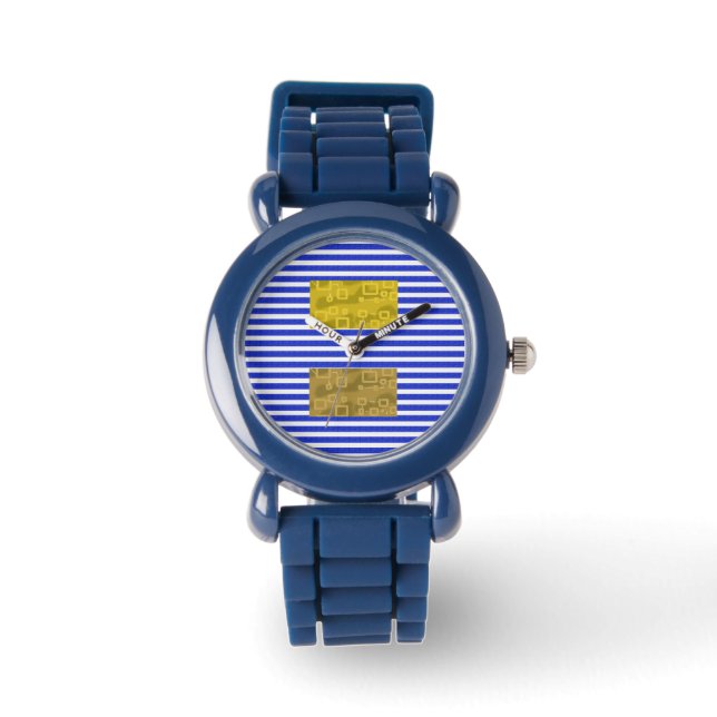 Reloj De Pulsera Rayas Frías Azul Dorado Geométrico  (Anverso)
