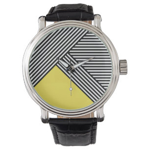 Reloj De Pulsera Rayas negras y blancas con triángulo amarillo