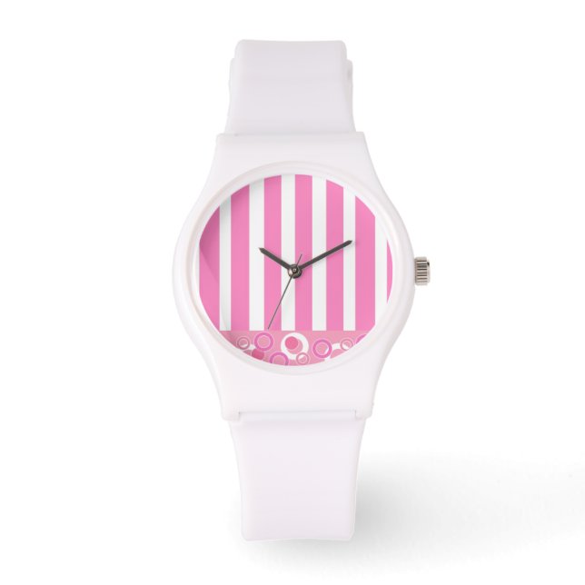 Reloj De Pulsera Rayas rosadas y blancas juguetonas (Anverso)