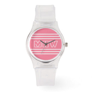 Reloj De Pulsera Rayas rosas personalizado monogramas