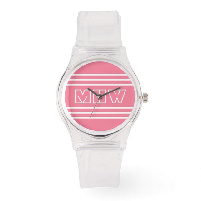 Reloj De Pulsera Rayas rosas personalizado monogramas (Anverso)