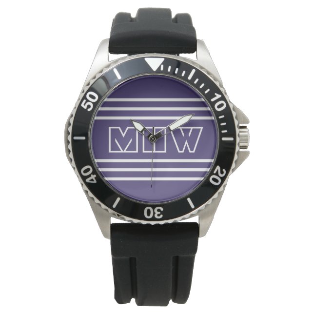 Reloj De Pulsera Rayas violetas personalizado monogramas (Anverso)