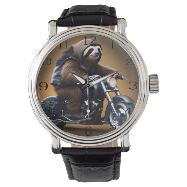 Reloj De Pulsera Rebel Sloth: Motocicleta con cuero (Anverso)