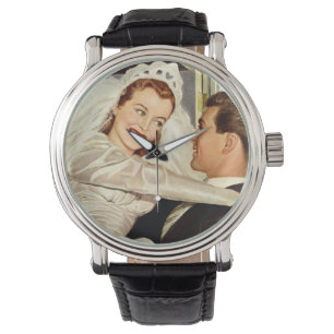 Reloj De Pulsera Recién casados de boda vintage, novia y novio feli