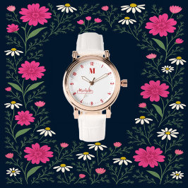 Reloj De Pulsera  Red and White Elegant Floral Monogram custom Name