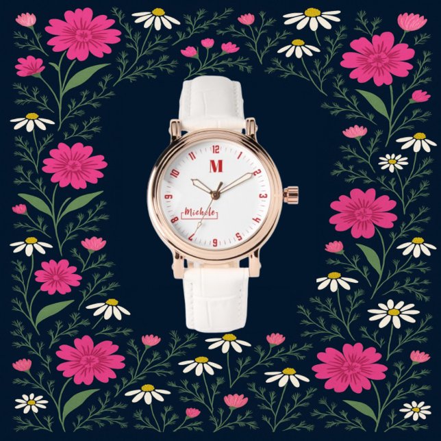 Reloj De Pulsera  Red and White Elegant Floral Monogram custom Name (Subido por el creador)