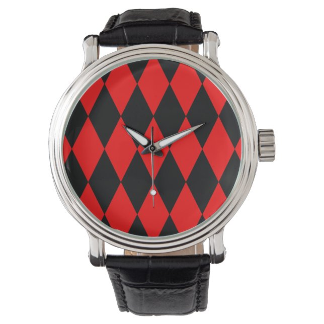 Reloj De Pulsera Red Black Harlequin Diamonds Checkers Design  (Anverso)