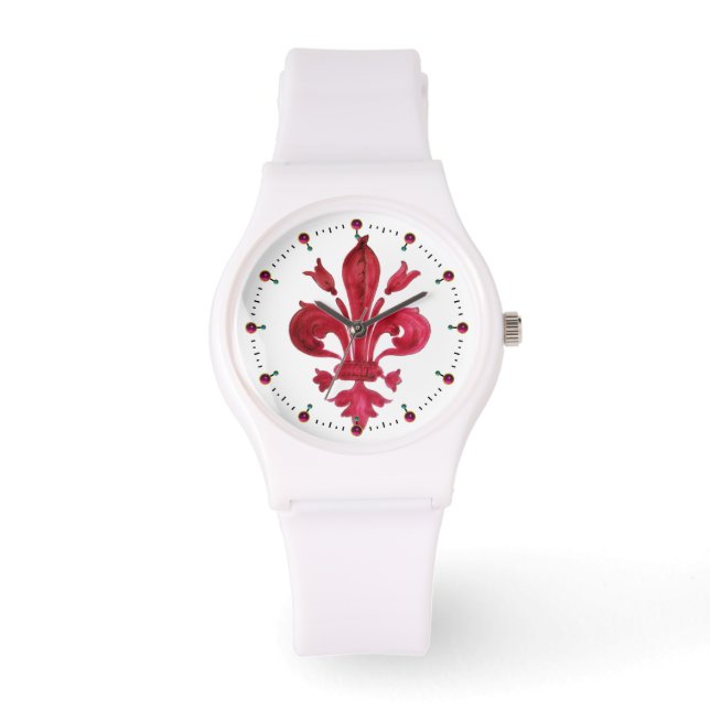 Reloj De Pulsera RED FLEUR DE LISE EN BLANCO Floral Heráldico (Anverso)