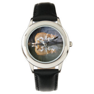 Reloj De Pulsera Reflexión del gato en foto del agua de la charca 