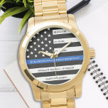 Reloj De Pulsera Regalo de retiro de la policía oro de bandera azul<br><div class="desc">Celebra y muestra tu agradecimiento a un destacado oficial de policía con este reloj de bolsillo de la policía de retiro delgado de la línea azul o aniversario - diseño de la bandera estadounidense con colores de la bandera de la policía en un diseño moderno negro y azul. Perfecto para...</div>