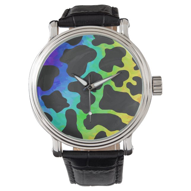 Reloj De Pulsera Regalos de vaca negro y arcoiris (Anverso)
