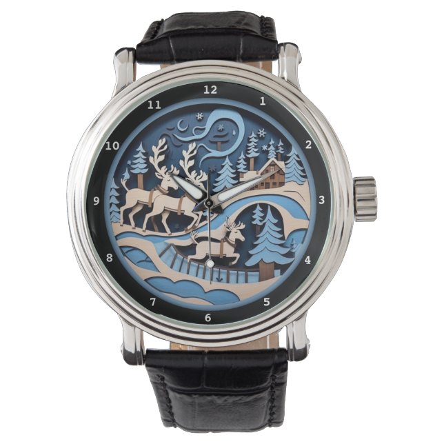 Reloj De Pulsera Reindeer Sleigh Ride Winter Artwork (Anverso)