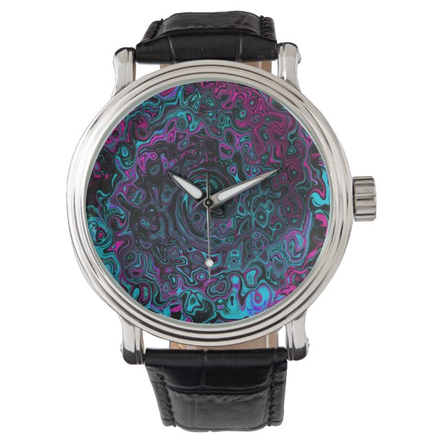 Reloj De Pulsera Remolino abstracto retro acuático magenta y negro (Anverso)