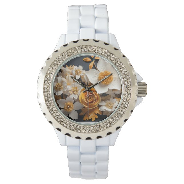 Reloj De Pulsera renderizado 3D de flores naranjas y blancas (Anverso)