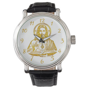 Reloj De Pulsera Representación dorada de Jesús sosteniendo un libr