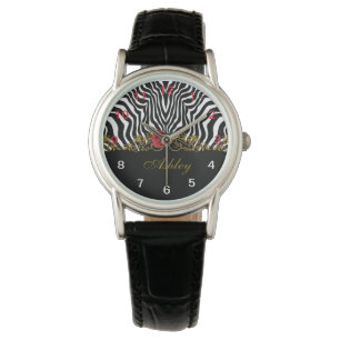 Reloj De Pulsera Resumen Flor de cebra Rojo Negro Oro Blanco