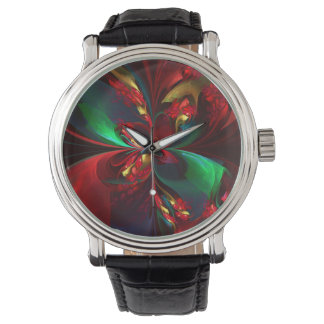 Reloj De Pulsera Resumen floral moderno Patrón verde rojo del arte