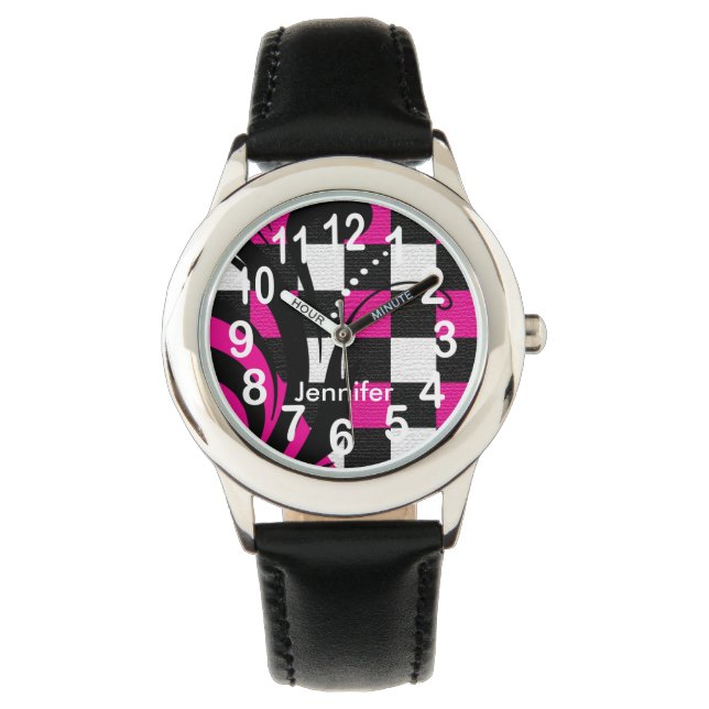 Reloj De Pulsera Resumen personalizado de rosa caliente, negro y bl (Anverso)