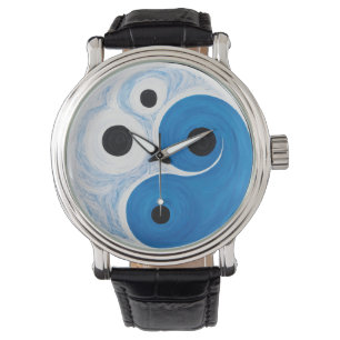 Reloj De Pulsera Resumen Yin Yang: Azul y blanco modernista